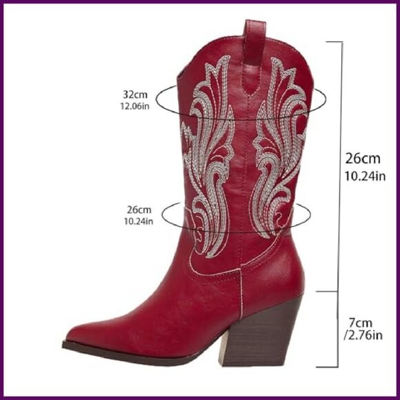 Women's Western Cowboy Boots Mid Calf Embroidered Pointed Toe Chunky Heel - Picture 7 of 8